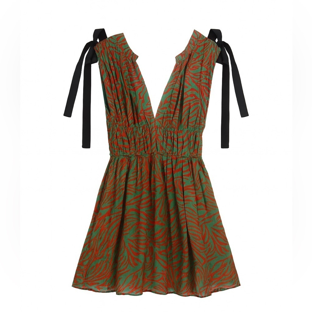Tanya Taylor Red Green Zebra Print Mini Dress Vneck Tie Sleeves
